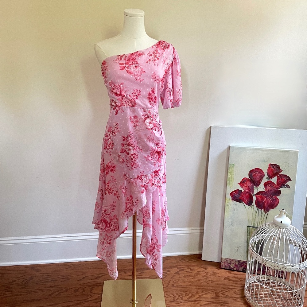 Lulus Dress Small Floral Fairy One Shoulder Chiffon Asymmetric Y2K Wedding Guest